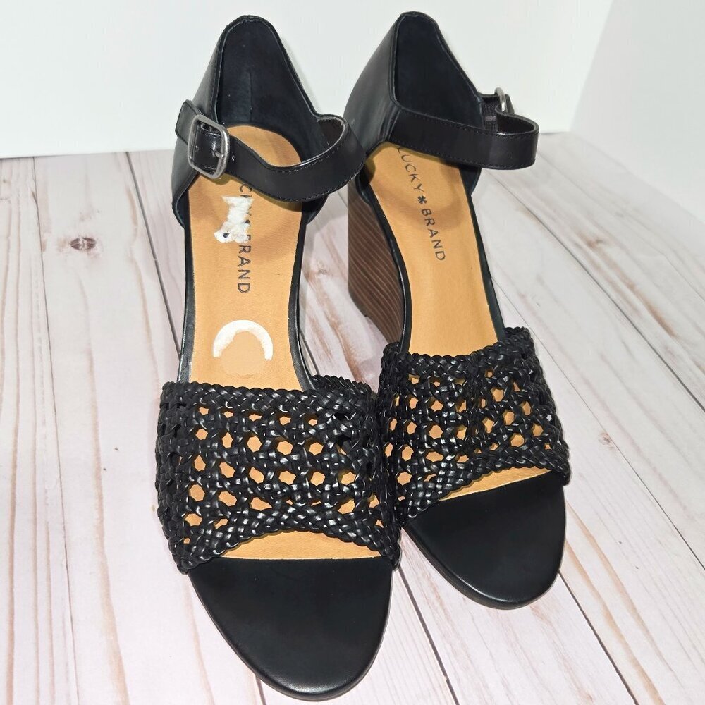 Lucky Brand Rebekka Black Woven Wedge Sandals Women’s Size 9.5 Ankle Strap
